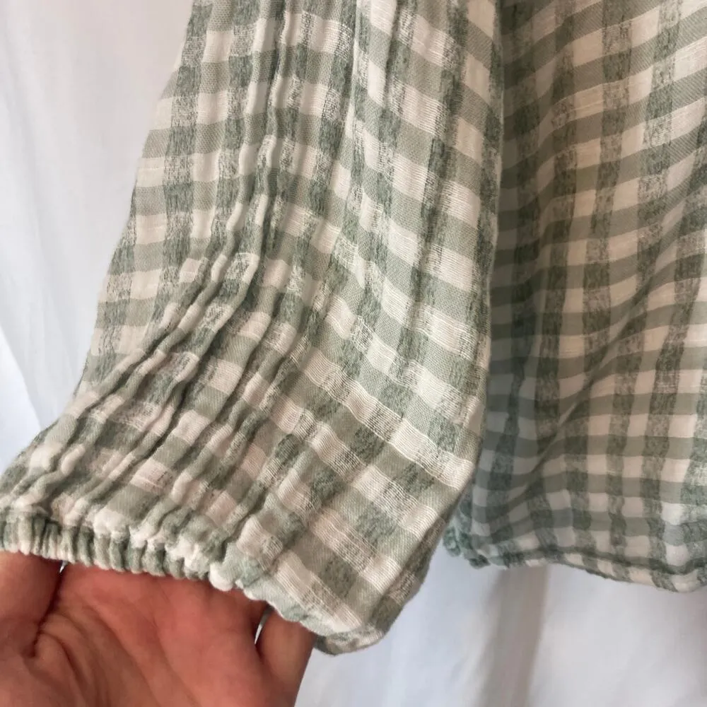 Zara Green White Gingham Plaid Long Elastic Sleeve Front Key Hole Tie Blouse Top - Image 8