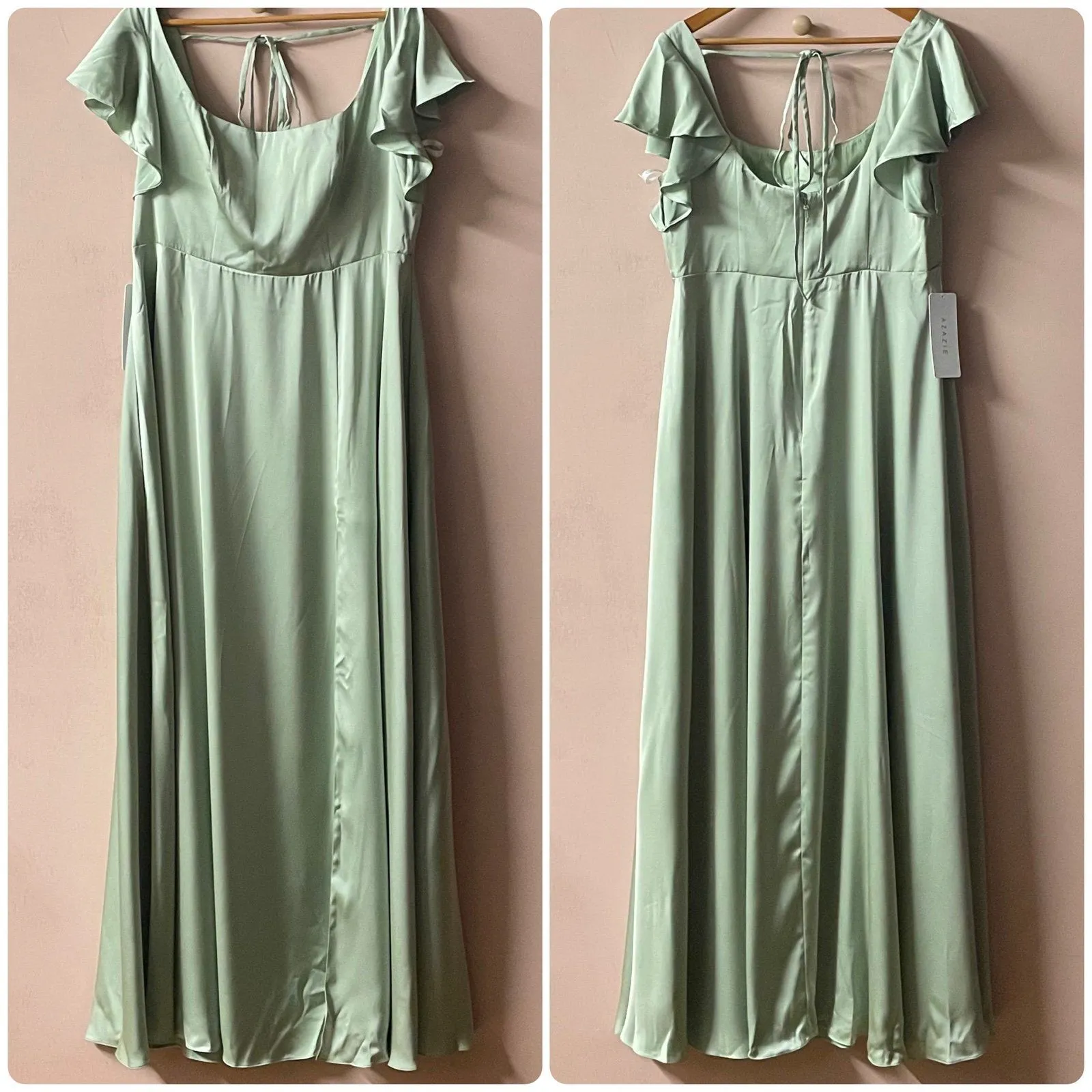 Azazie Dusty Sage A-Line Satin Maxi Dress NWT Size A16 - Image 2