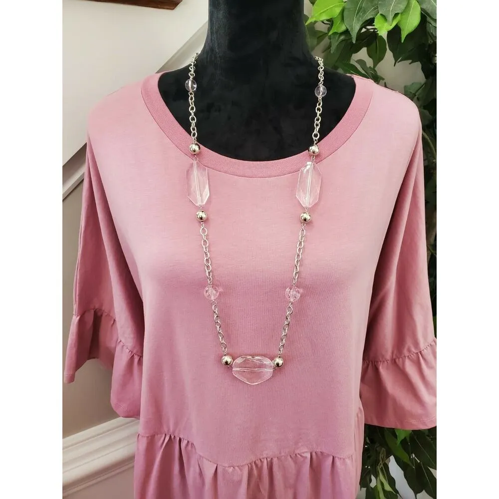 Asos Design Womens Solid Pink Cotton Round Neck Long Sleeve Knee Length Dress 16 - Image 2