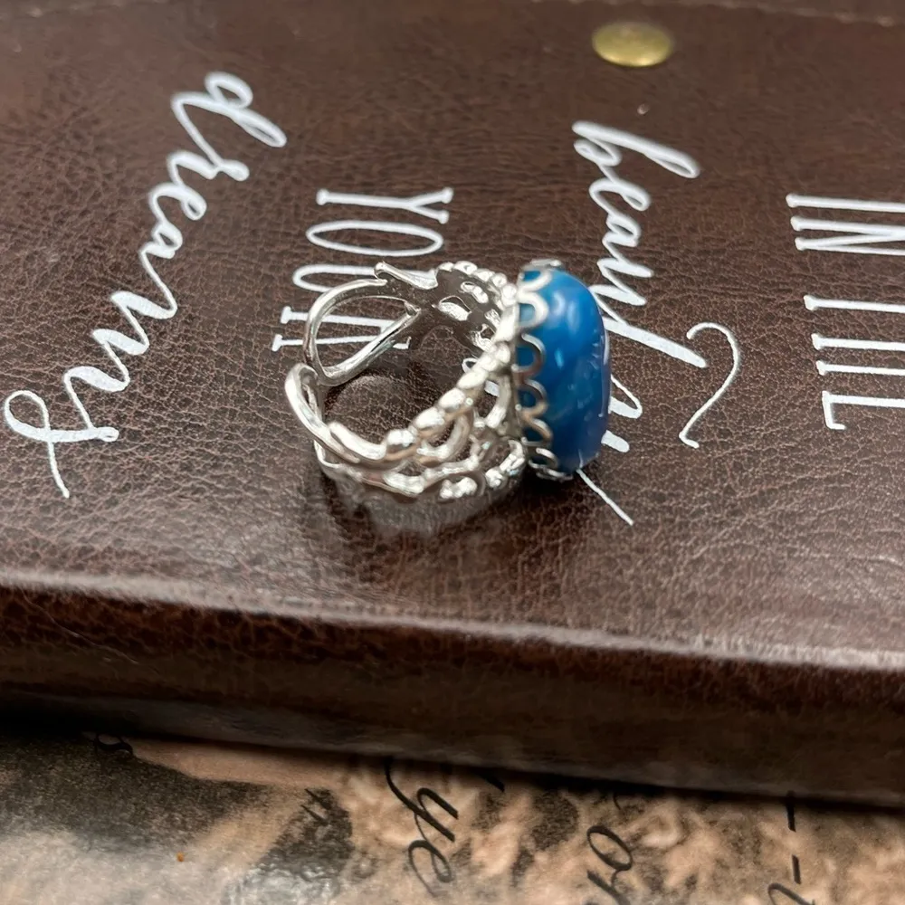 Handcrafted Deep Blue Swirled Agate Oval Cabochon Stainless Steel Open Back Ring - Image 7