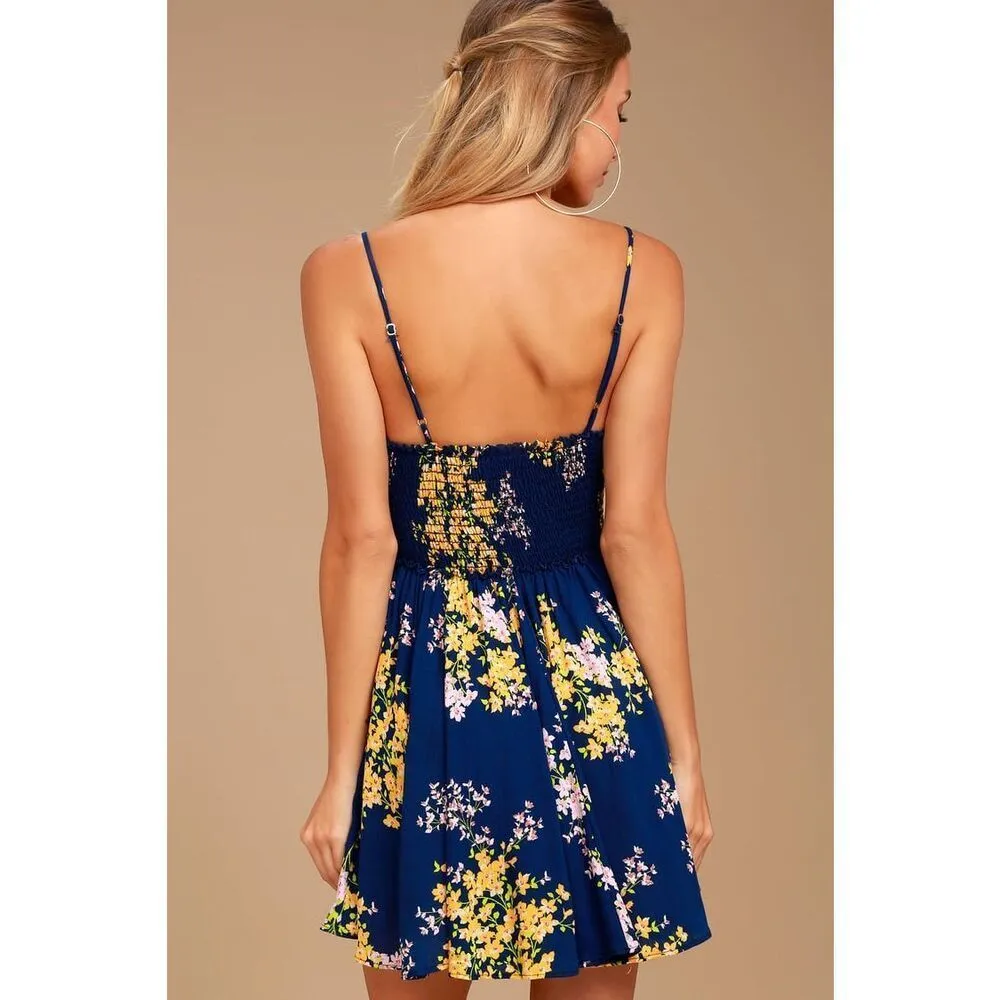 ✨Lulu’s Fairytale Bliss Navy Blue Floral Print Skater Sz Large Dress✨ - Image 4