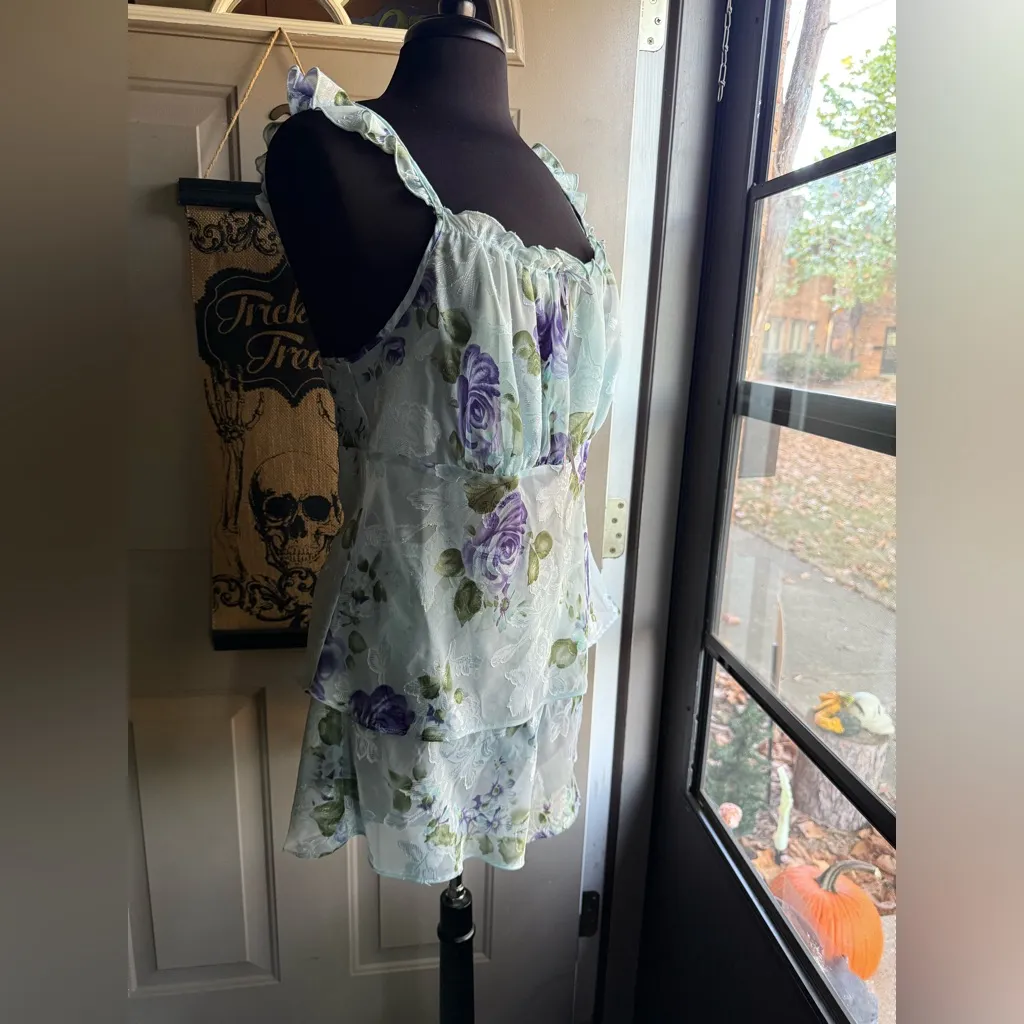 Vintage Y2K Secret Treasures sheer floral tank shorts set with robe, size large Blue - Image 5
