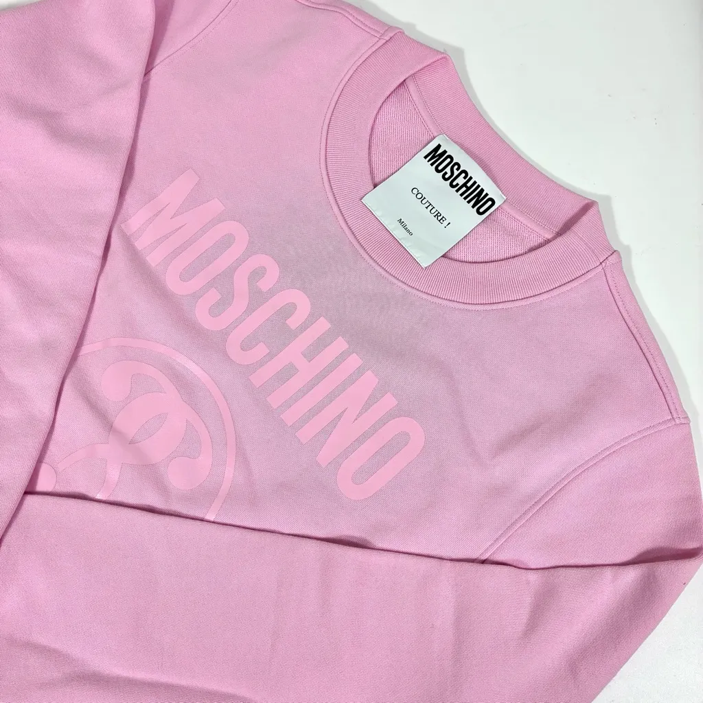 Moschino Couture Logo Double Question Mark Crewneck Sweatshirt Pink US 8 NWT - Image 7
