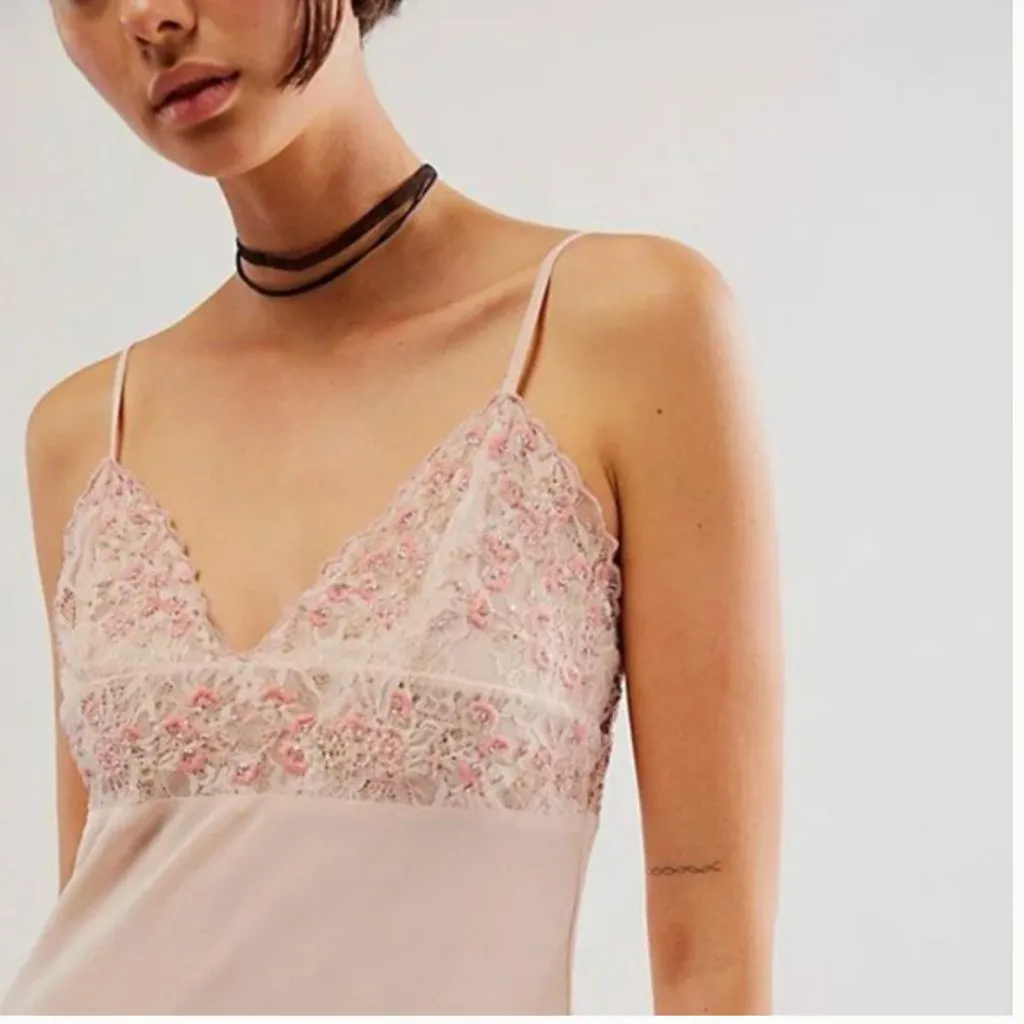 New Free People Midnight Magic Maxi Slip Dress  Pink Beaded Lace Trim - Image 4