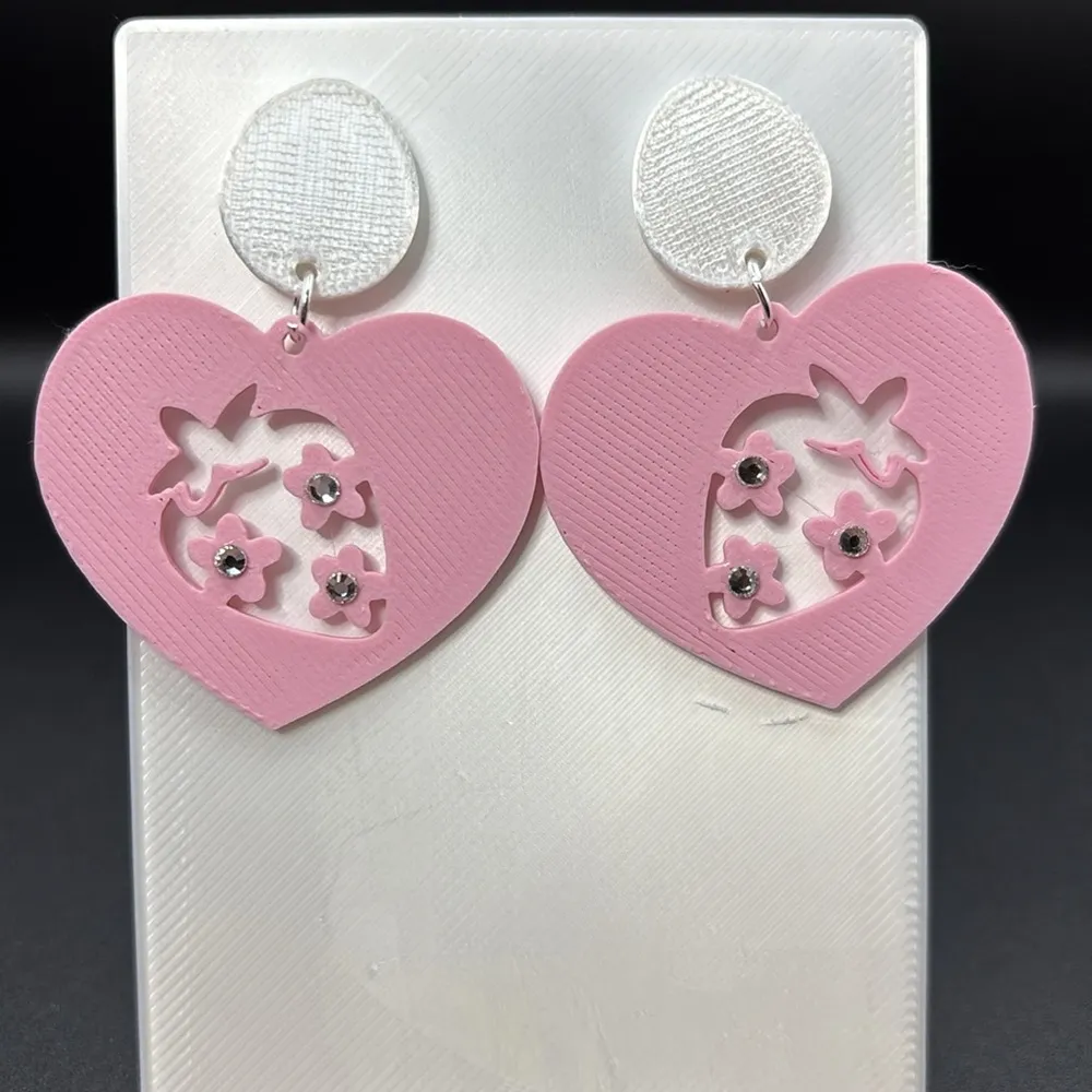 Pink Heart Rhinestone Strawberry Earrings - Image 2