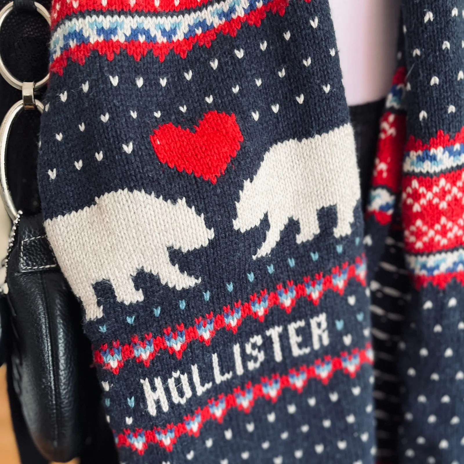 Hollister | Navy Blue + Red Fair Isle Knit Infinity Scarf | Polar Bear Graphic - Image 4