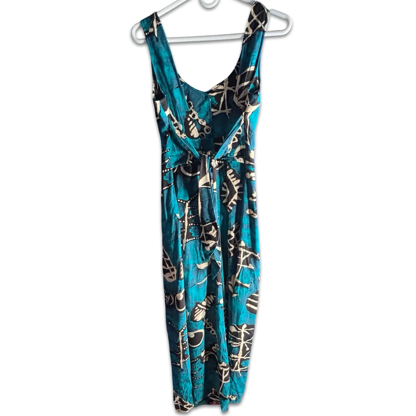 Vintage All That Jazz Abstract Jumpsuit Teal Blue Black Wide Leg Open Tie Back - Image 7