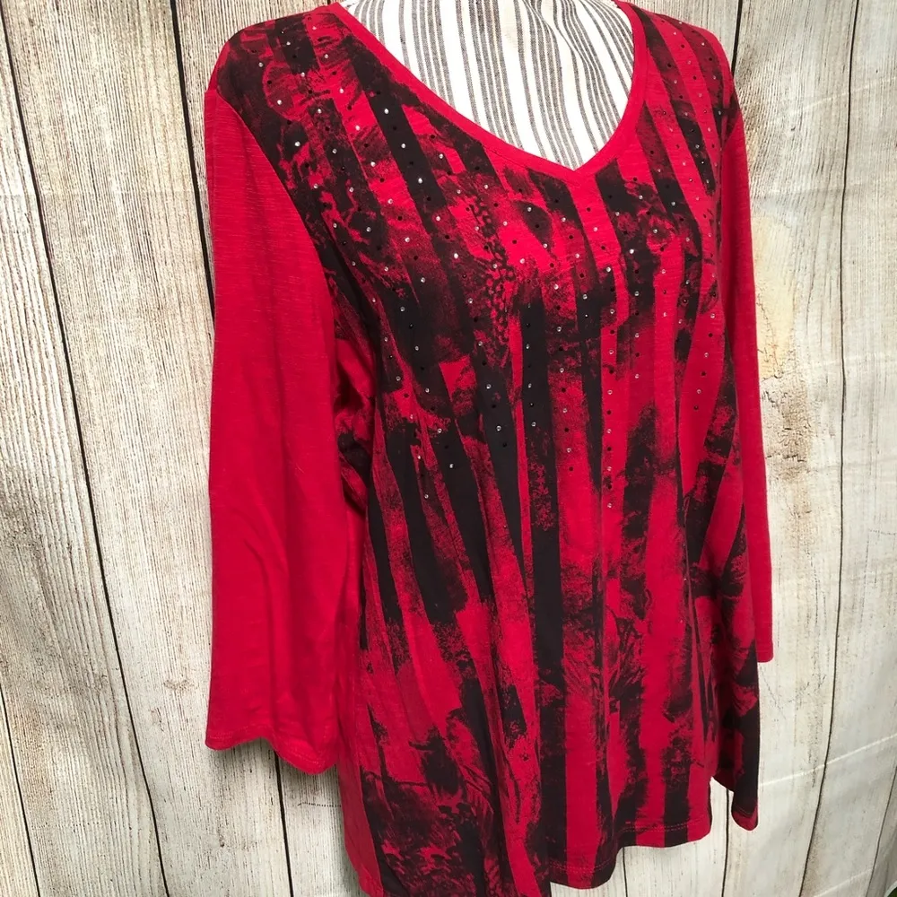 Zenergy Red Bedazzled Striped Casual Comfy Shirt - Image 2