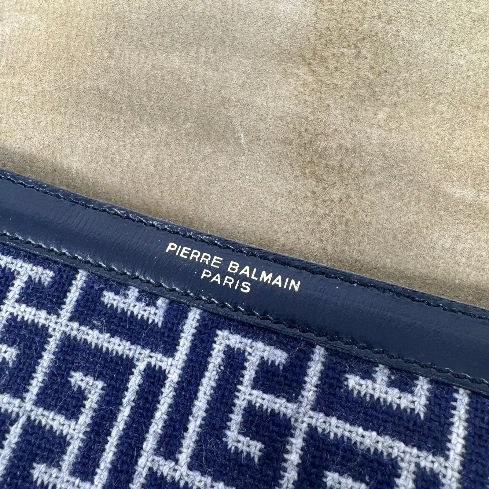 Balmain Vintage Monogram Canvas & Leather Crossbody Bag Navy Gold Hardware - Image 10