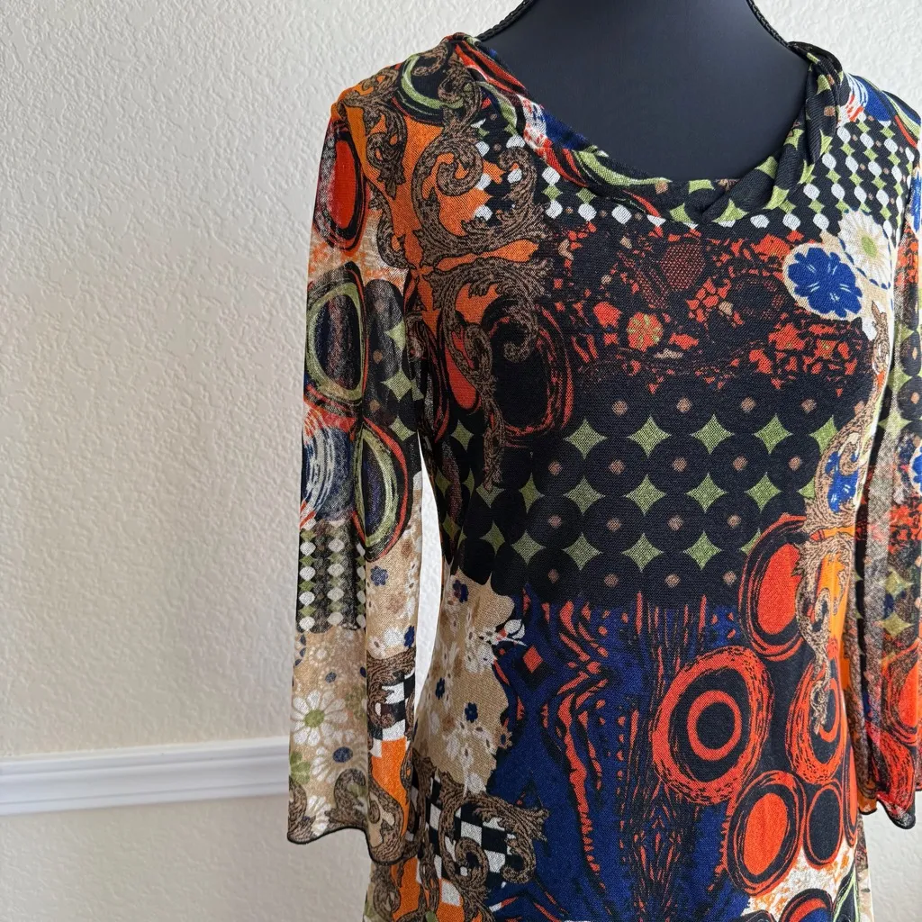 Women’s Small Multicolor Mirror Image Scoop Neck Long Sleeve Stretch Tunic Dress Black - Image 7