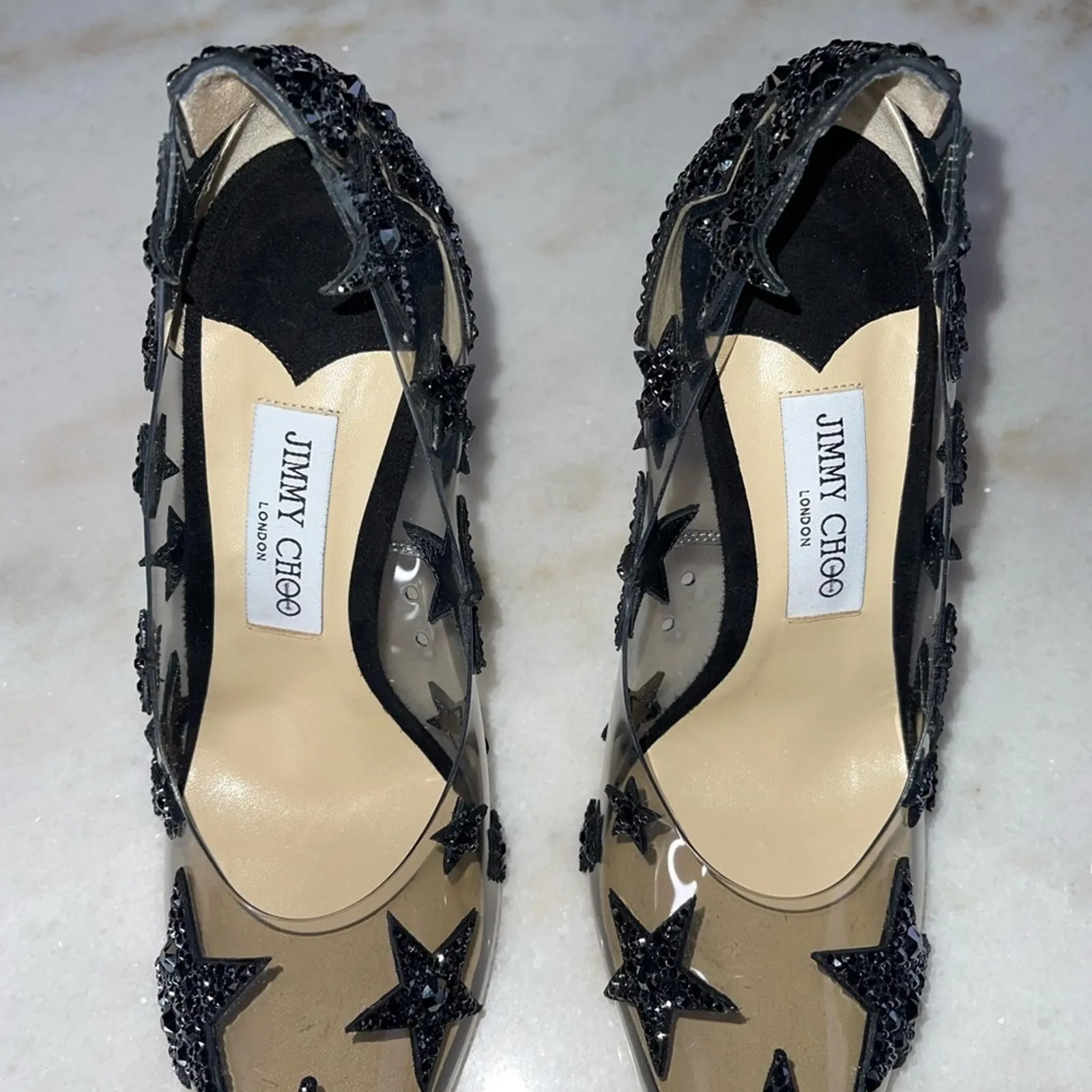 New Jimmy Choo Lisha 100 Black Smoke Mix Plexi Star Patchwork Pumps w Crystals - Image 14
