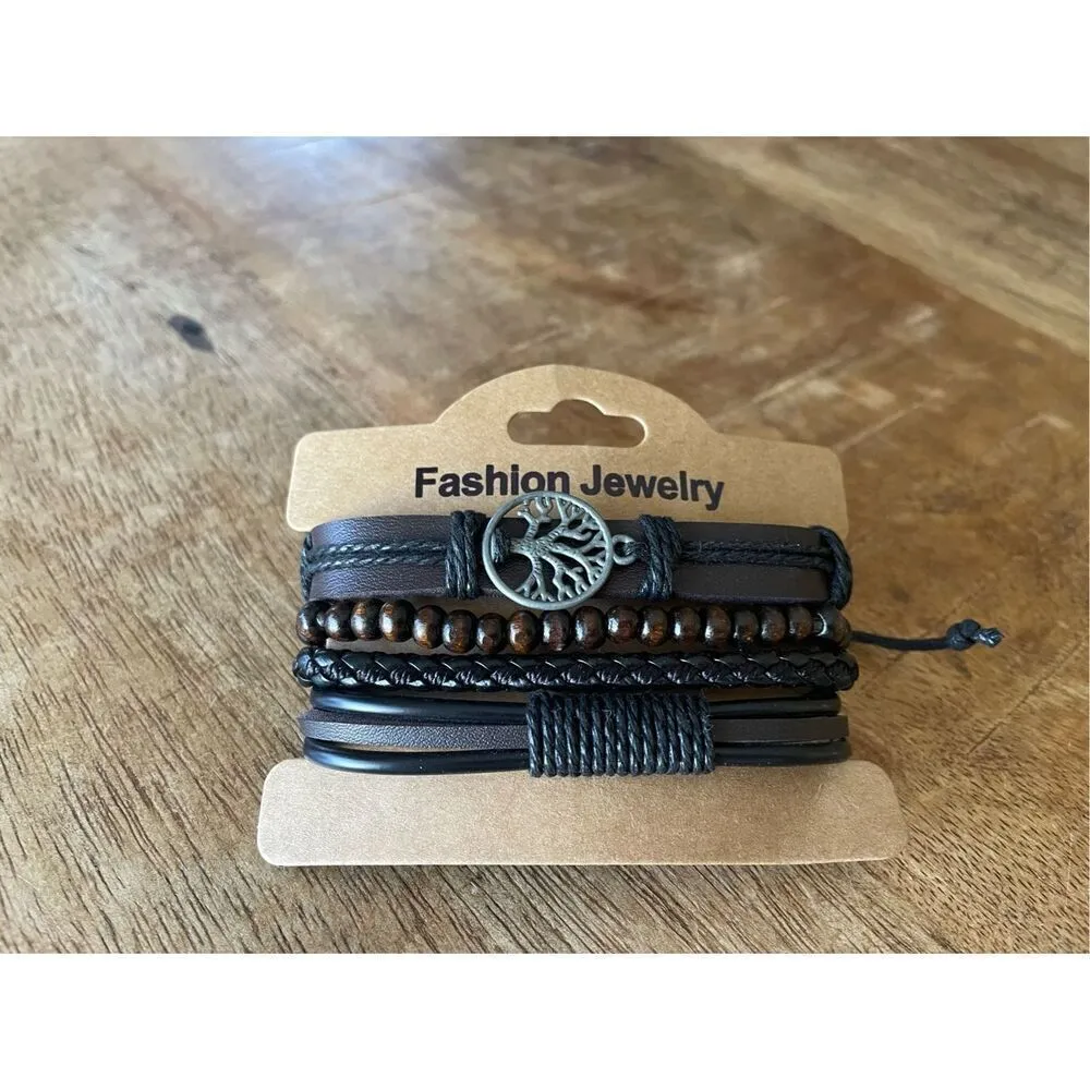 Wrap Leather Bracelets for Men Vintage Life Tree Rudder Charm Wood beans Ethnkc Black - Image 2