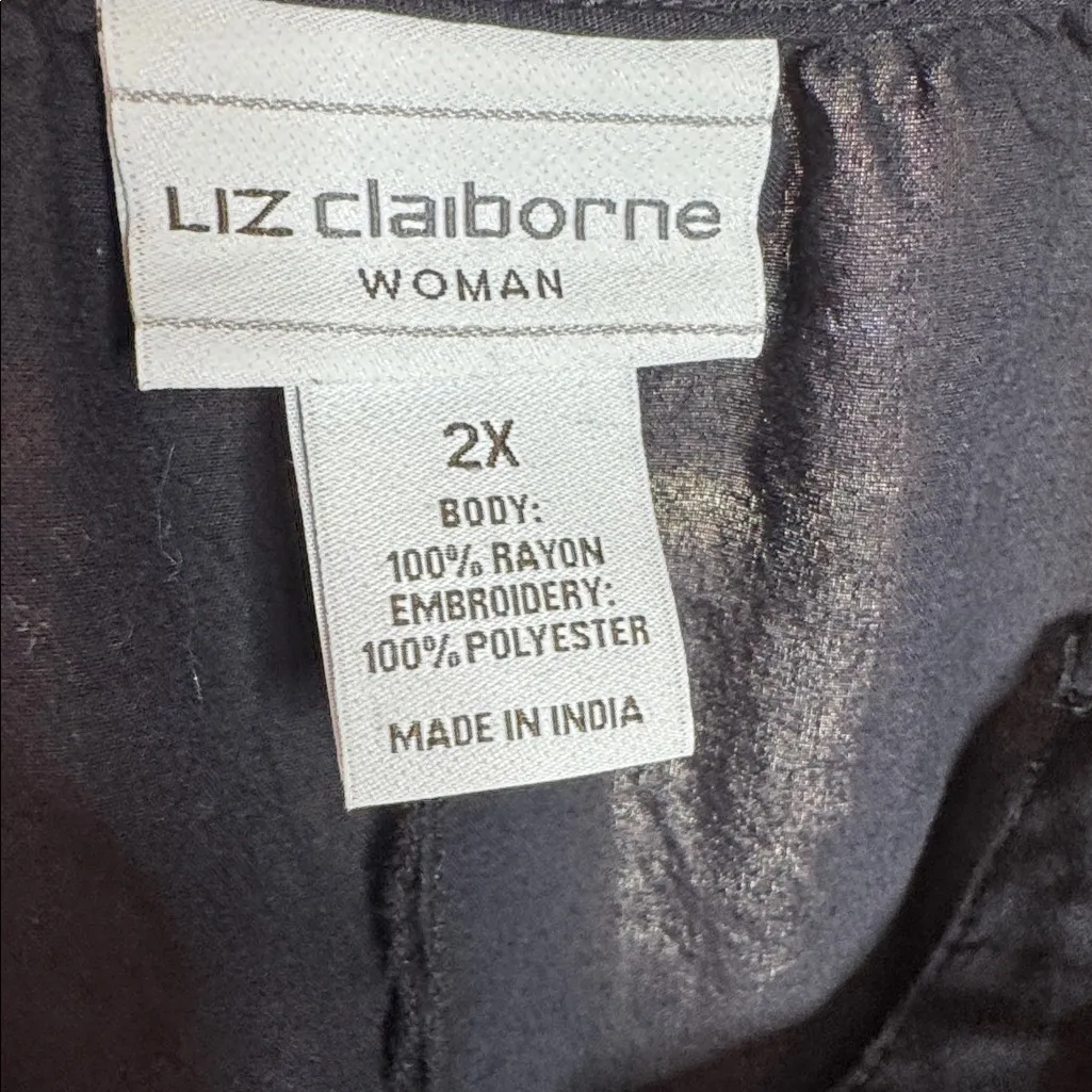Liz Claiborne Black Embroidered Split Neck Boho Blouse Size 2X - Image 4