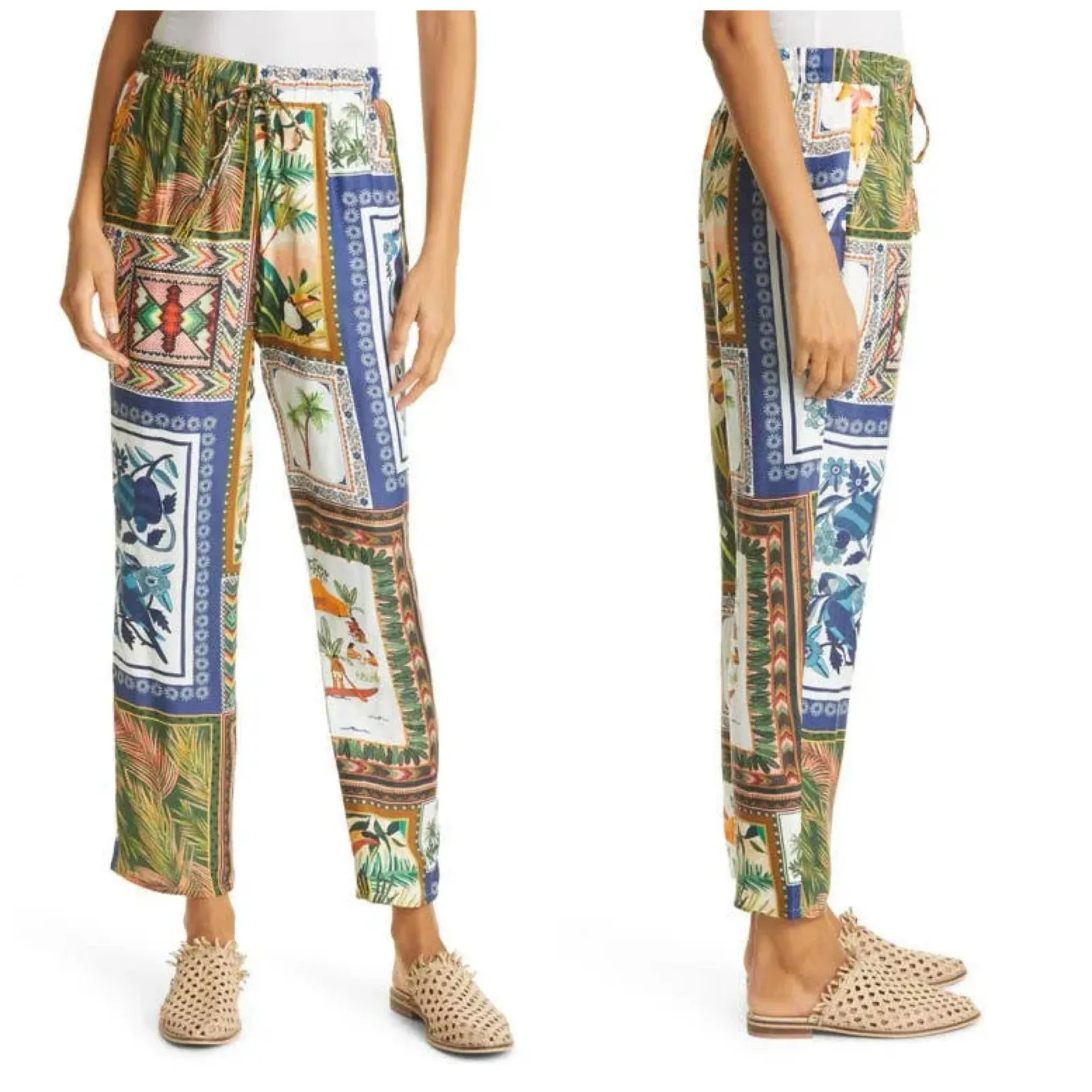 Farm Rio Mixed Scarves Satin Pants Size XS Mix Print Tassel Boho Multicolor - Image 9