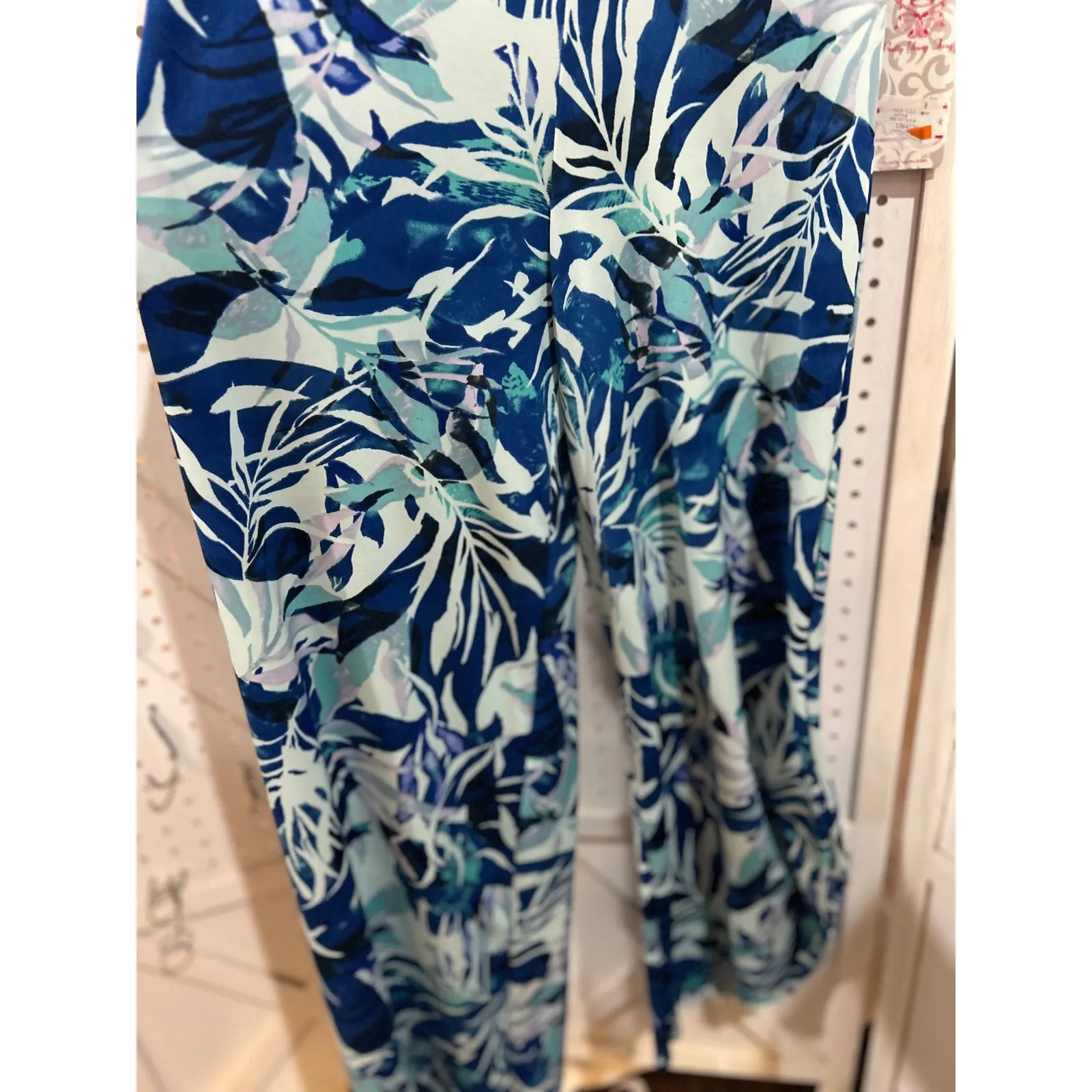 Pretty Young Thing Maxi Pants Blue Tropical Leaf Print Elastic Waist L Size L - Image 3