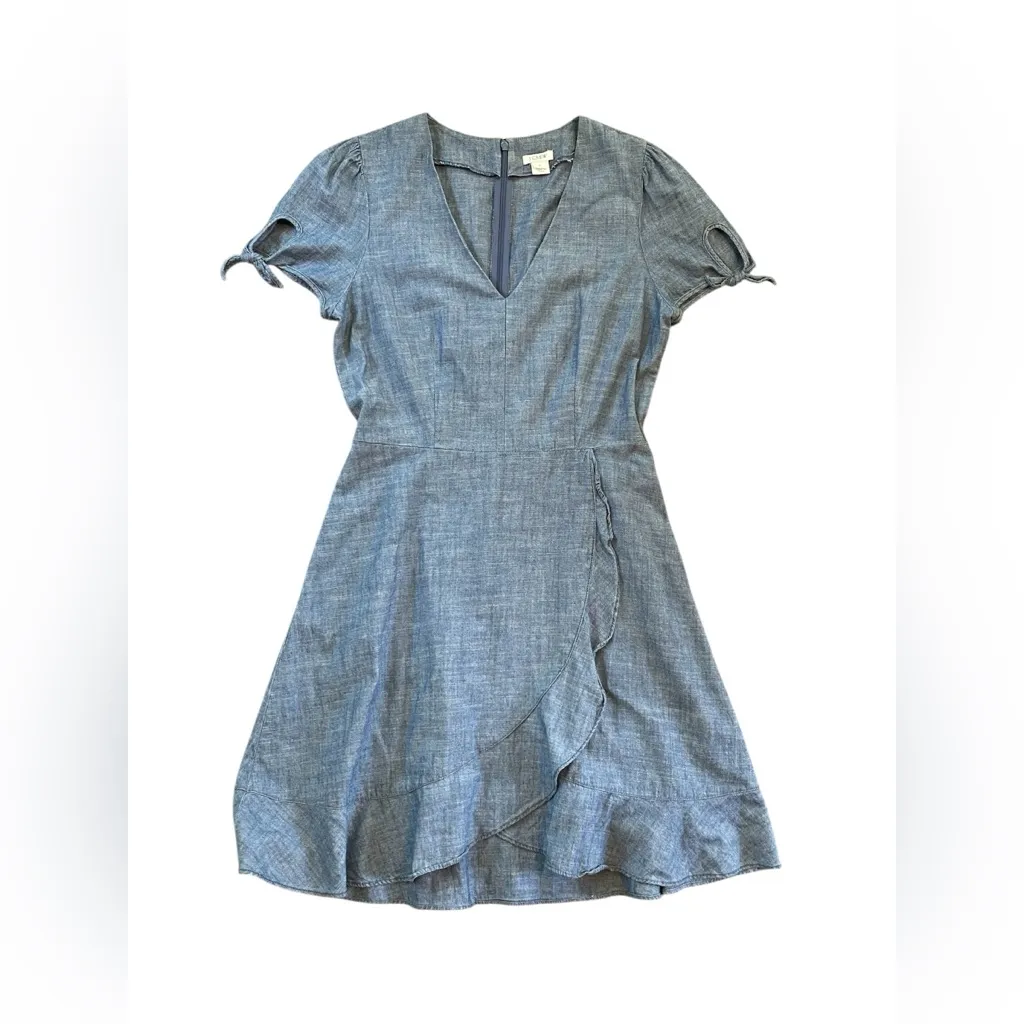 J.crew Chambray Ruffle V-Neck Faux Wrap Dress Size 4 - Image 3