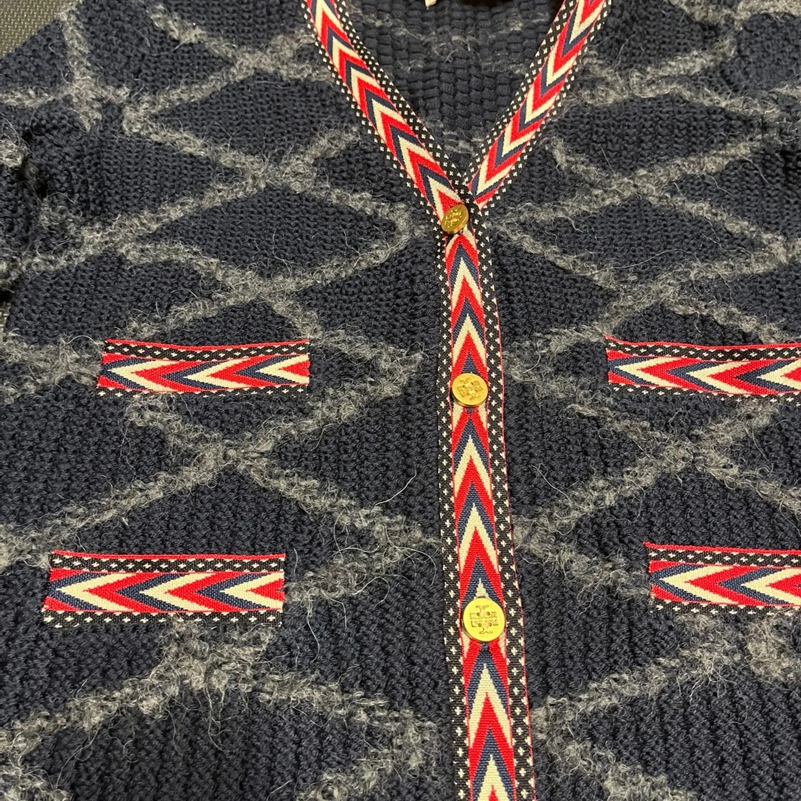 Tory Burch Tweed Trim Cardigan Sweater Coat Blue Red Gold‎ Womens size small - Image 5