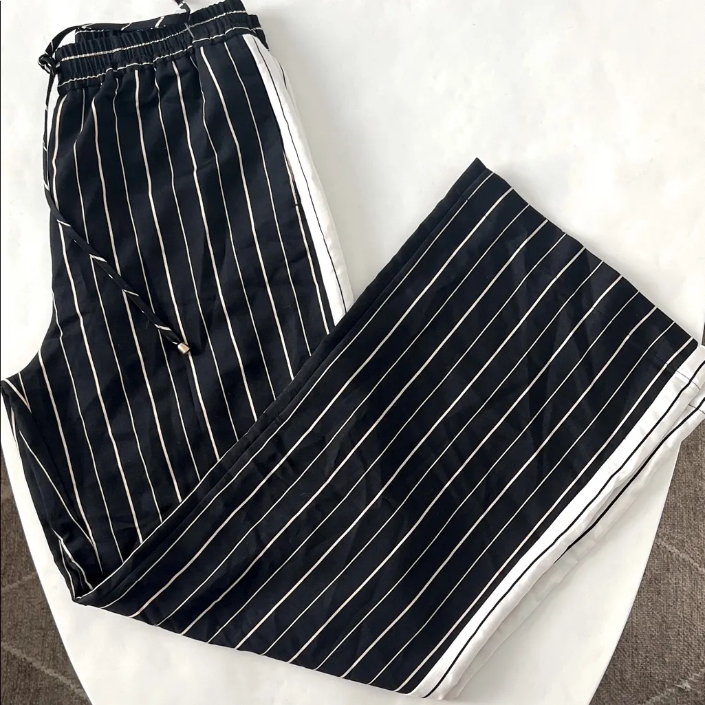 ZARA SIDE STRIPE DRAWSTRING WIDE LEG PANTS Dark Blue Cream Size Medium - Image 4