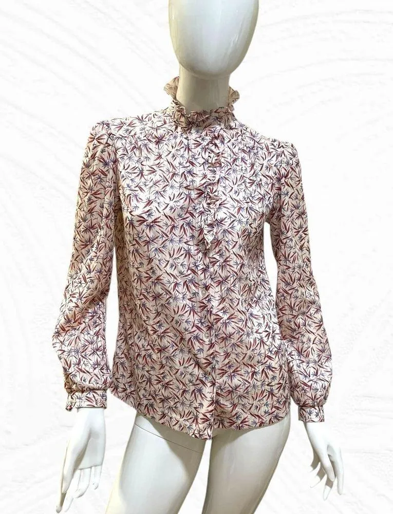 Vintage 70s Ruffle High Collar Floral Print Button Down Ivory Shirt Medium Red - Image 4