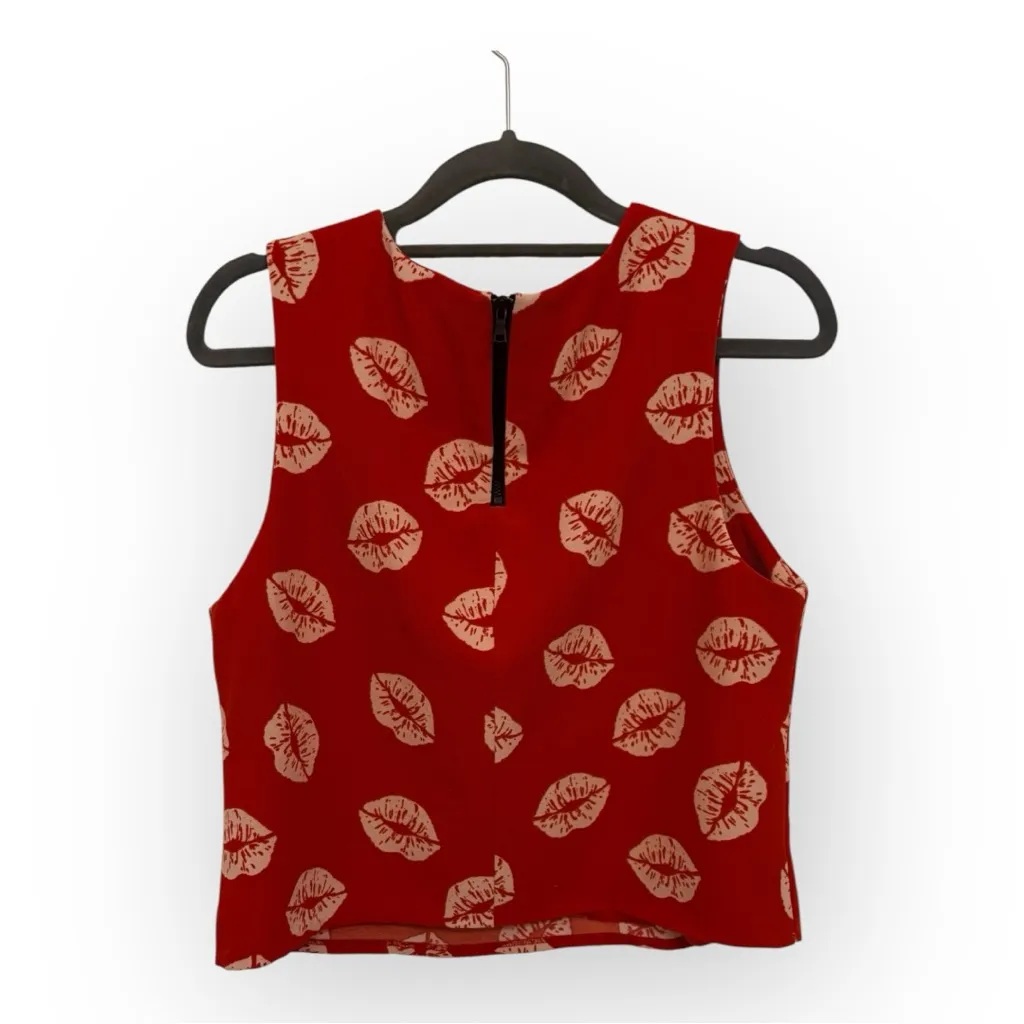 Red Lip Print Valentines Day Tank – Kiss Pattern Sleeveless Top Retro Small - Image 2