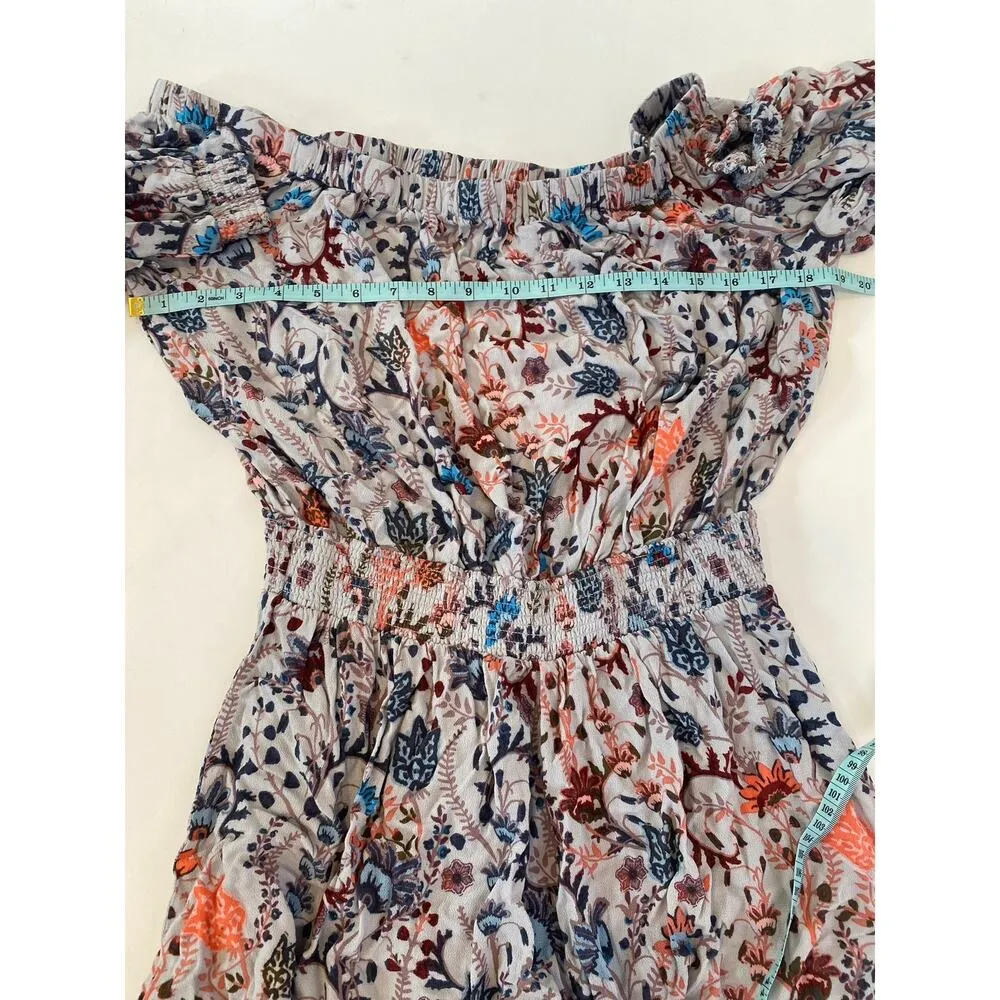 Free People Boho Off the Shoulder Floral Shorts Romper EUC Sz Lg Stretchy Crepe - Image 10