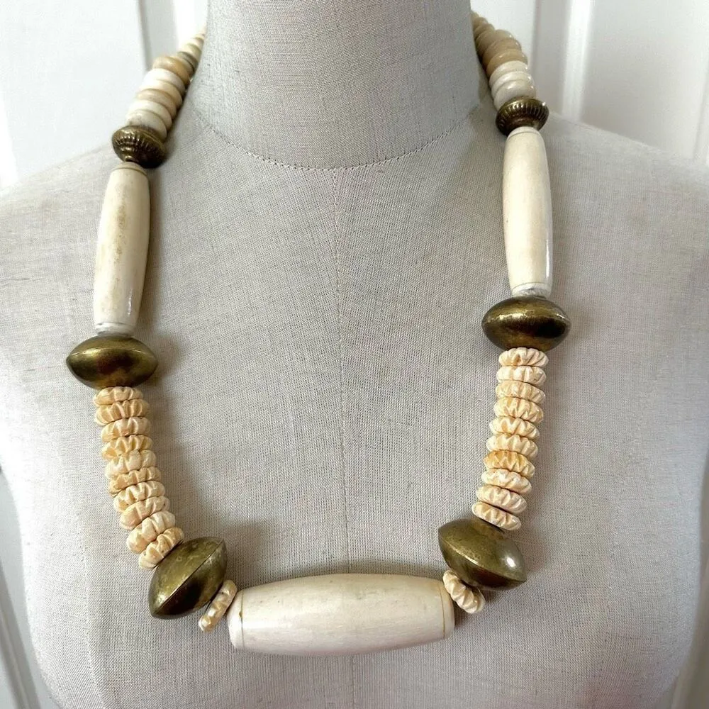 VINTAGE AFRICAN TRIBAL BOHO NECKLACE BONE AND BRASS BEADS - Image 2