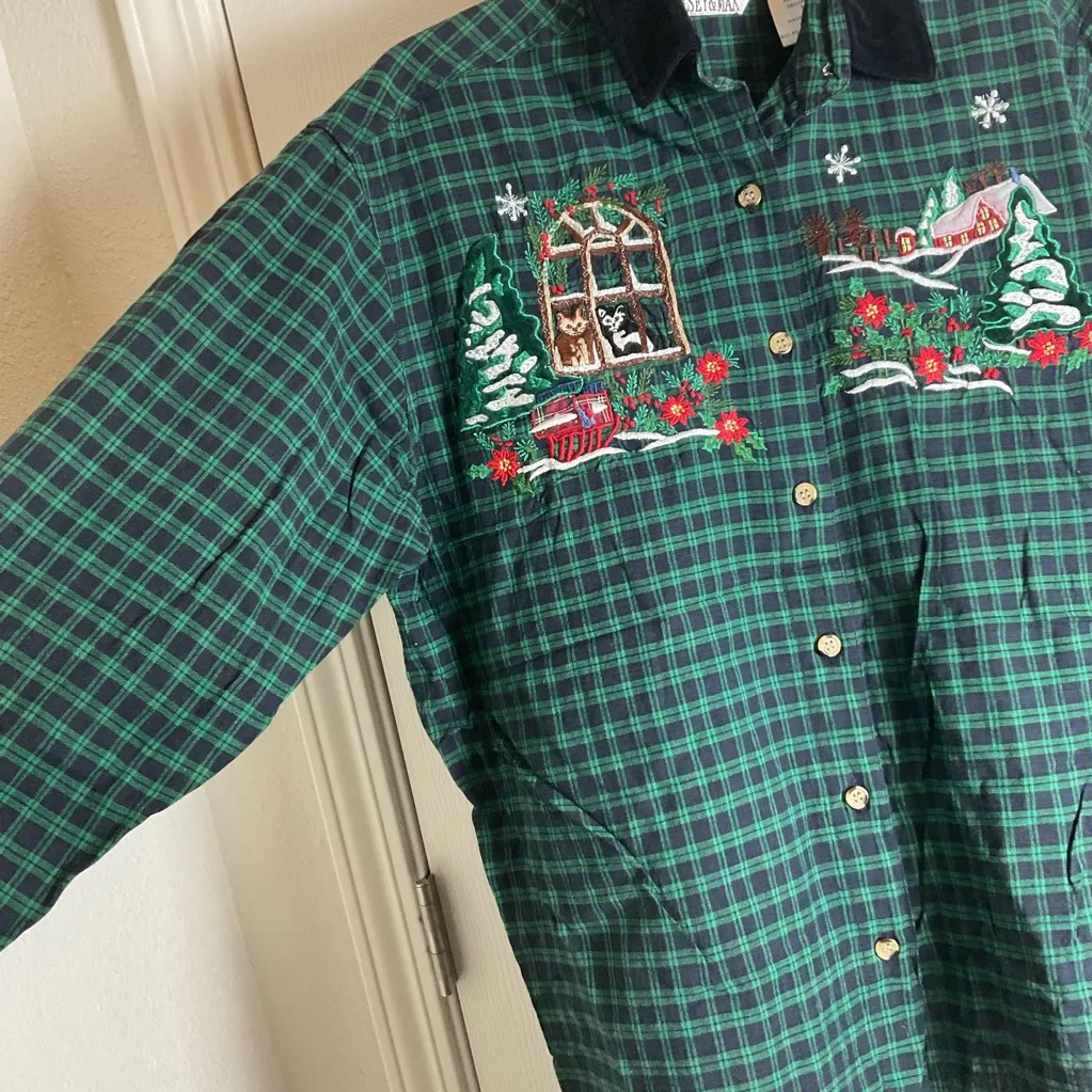 VTG 90s Casey & Max Plaid Long Sleeve Button Up Shirt size medium Green - Image 7