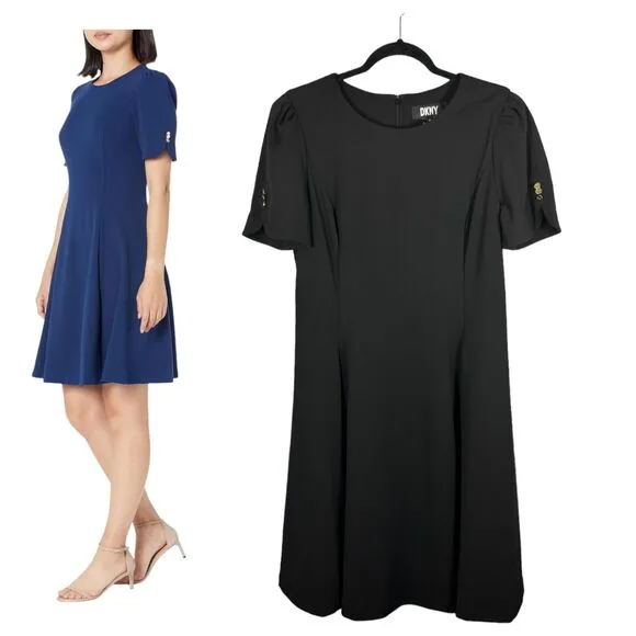 DKNY Button Sleeve Fit and Flare Black Dress Size 12 NEW with Tags - Image 2