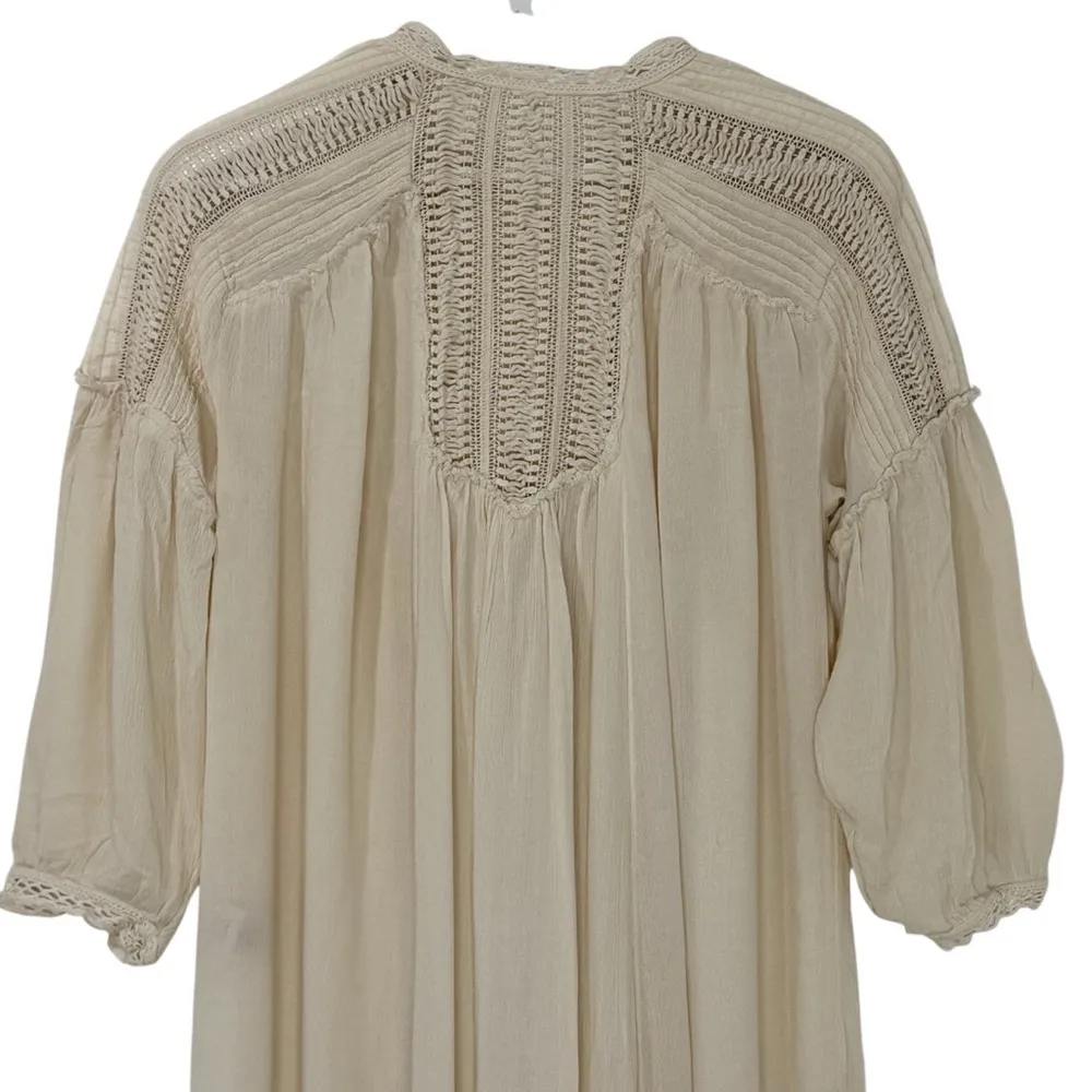 Free People Cream Textured Lace Crochet Pleated Button-Up Cover Up Long Dress S - Image 7