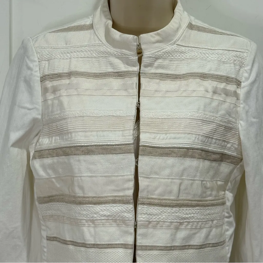 Superfine Embroidered Tonal Stripes Jean Jacket Off White Large Textured Italian - Image 6