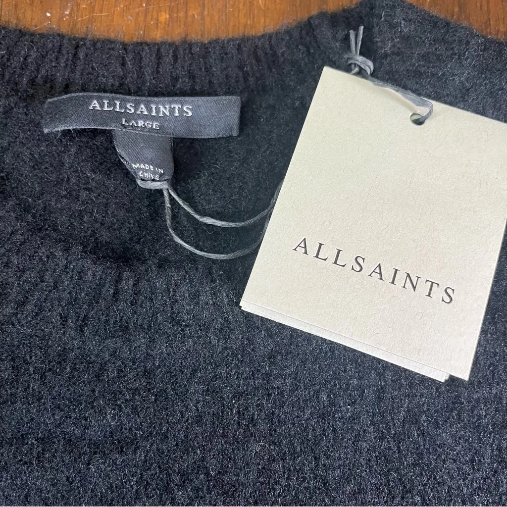 AllSaints Women’s Black Cropped Wool Blend Knit Crewneck Sweater Size L NEW - Image 3