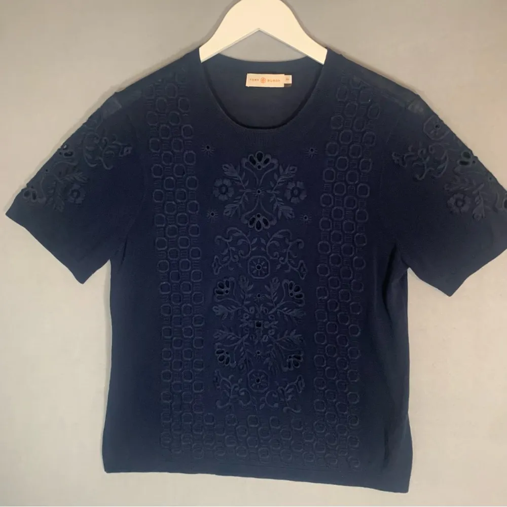 Tory Burch Womens Medium Romantic Embroidered Cotton Knitted Top Navy Blue - Image 4