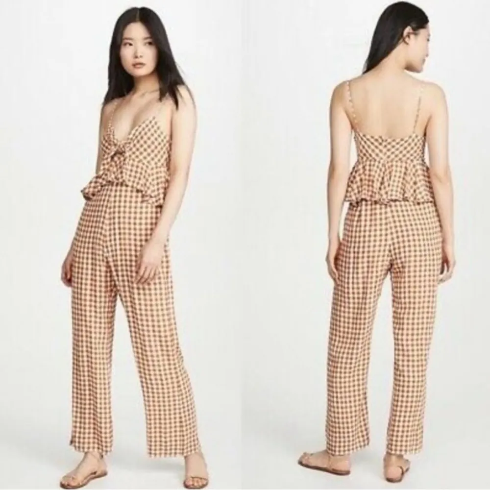 SAYLOR Laken Gingham Checkered Ruffled Jumpsuit Apricot Tan Sz XS - Image 3