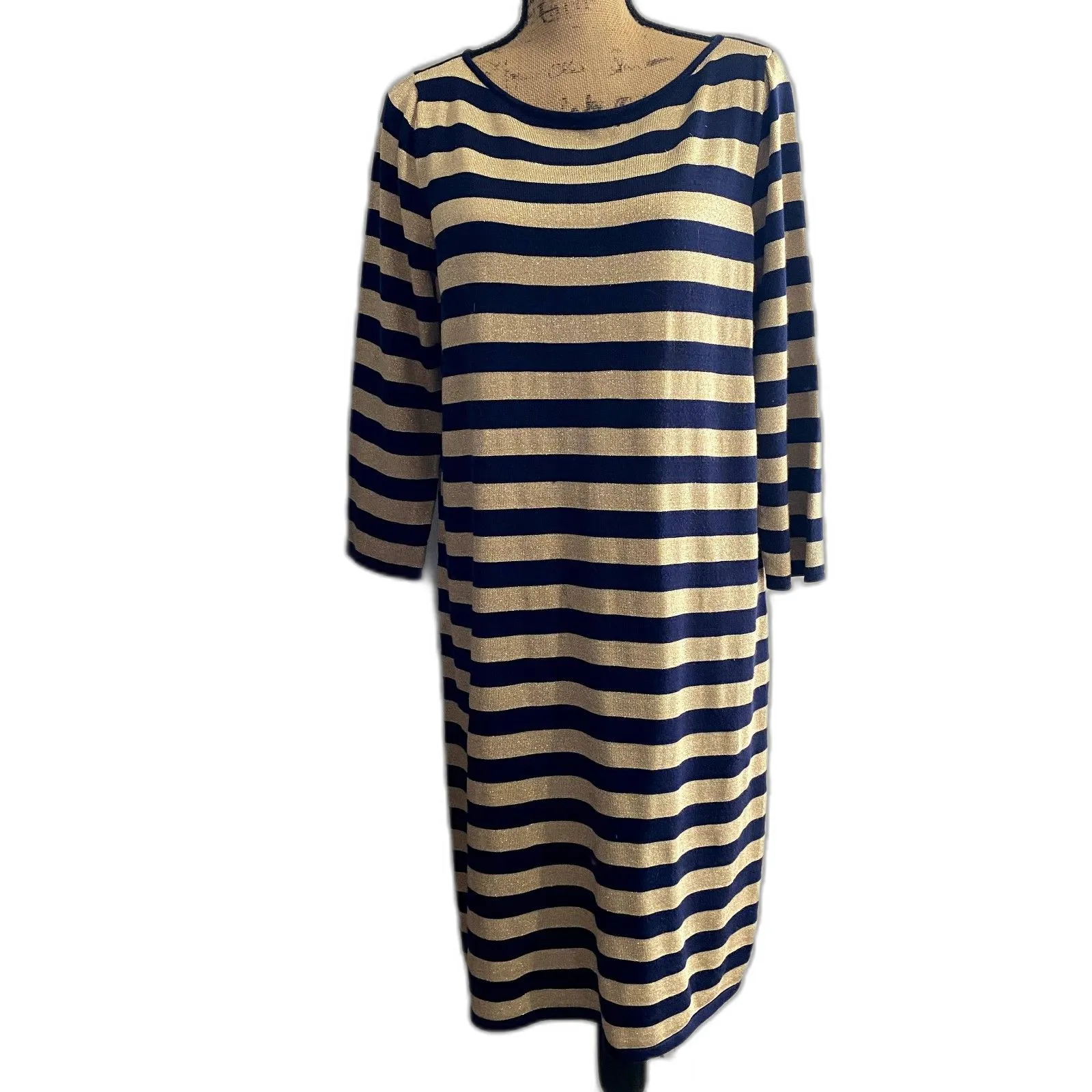 Lauren Ralph Lauren Stripe Shift Sweater Dress Navy‎ Gold Metallic Size Large - Image 3