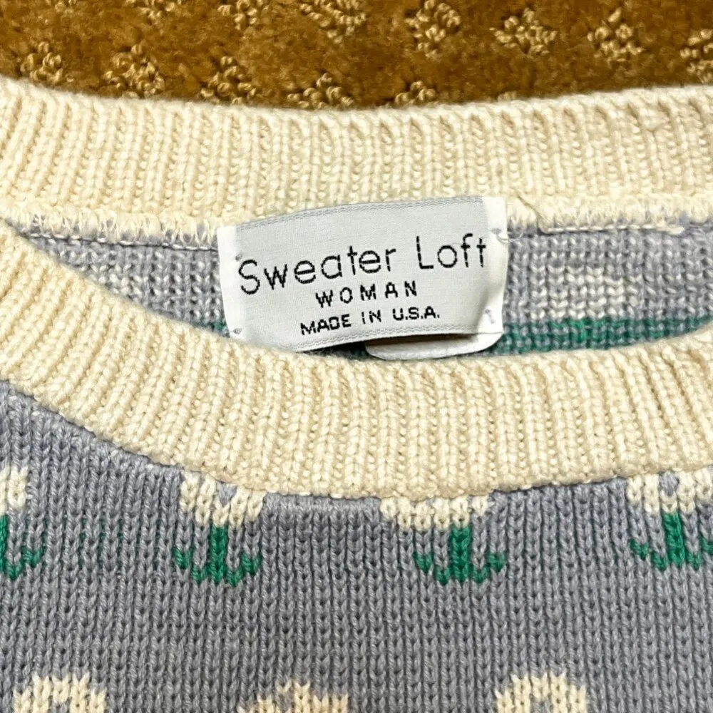 VTG Bunny Cottagecore Floral Cute Rabbit Jumper 2X Patterned Graphic Granny Blue - Image 6