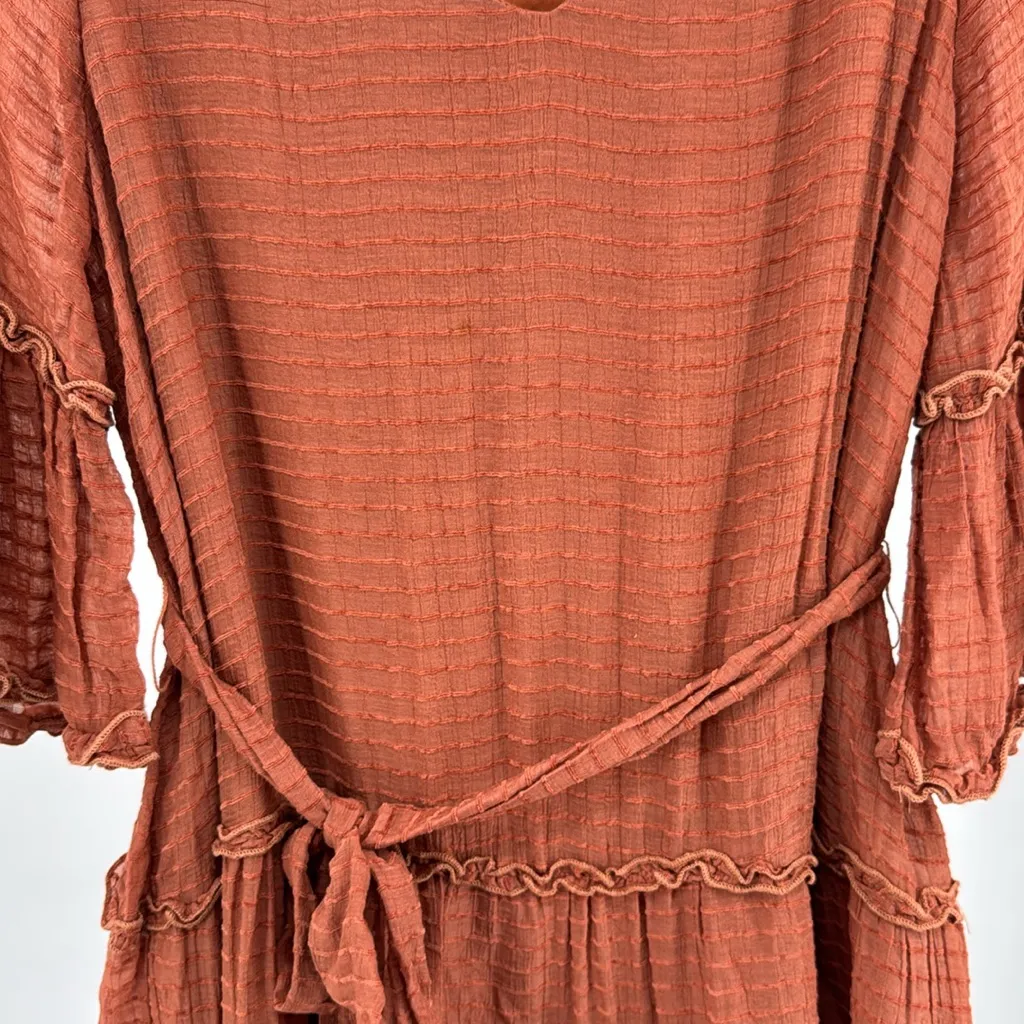 Entro Terracotta V-Neck textured tiered lined Dress S rust puff long sleeve - Image 4