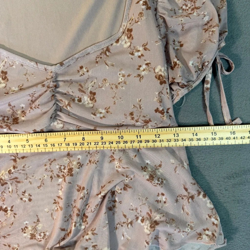 Y2K Floral Sheer Mesh Babydoll Top Coquette Puff Sleeve M Kawaii Fairycore Soft - Image 6