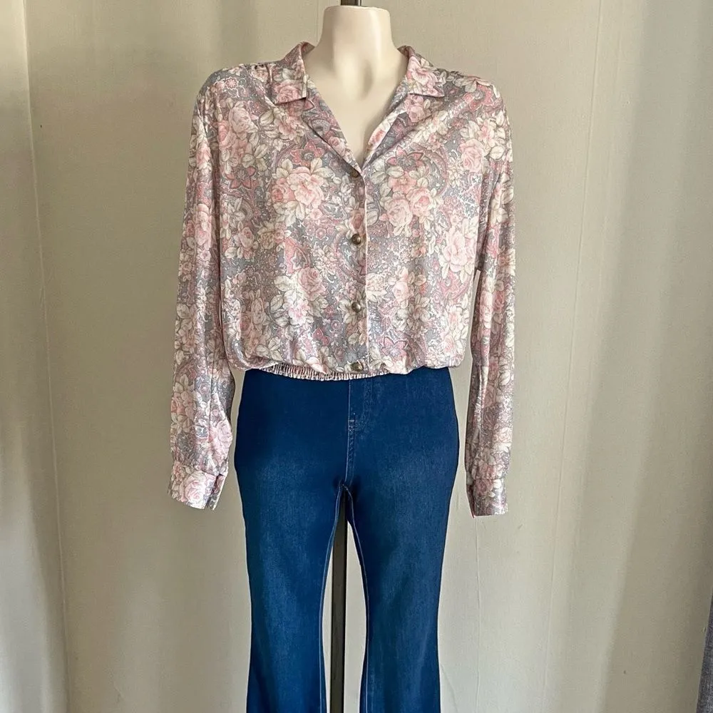 Vintage Lori of California Floral Smocked Hem Blouse Pastel Pink Gray M Size M - Image 10