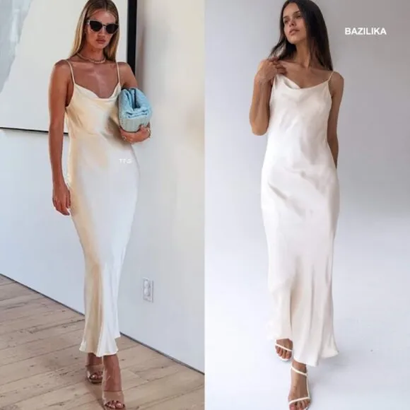 Bazilika Cowl Neck Satin Midi Slip Dress Fluid Drape in Cream Women's XS - Image 2