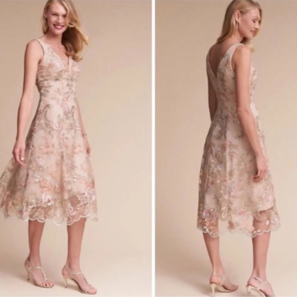 Hitherto BHLDN Eloizia Floral Embroidered Beige Dress Knee Length Size 4 Women's - Image 2
