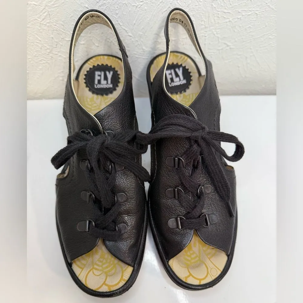 Fly London Leather Lace-Up Wedge Sandals YLFA – Black – Size 40 (US 9-9.5) - Image 3