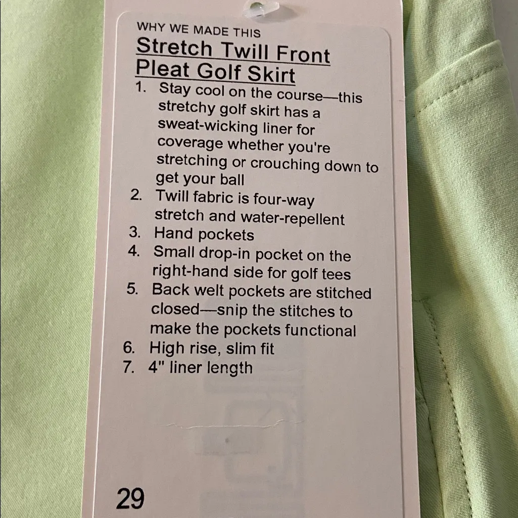 Lululemon Stretch Twill Front Pleat Golf Skirt  Light Green Skort size 29 new - Image 2