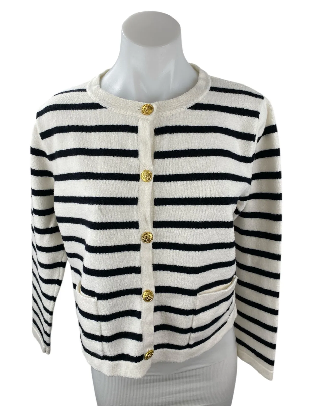 Lillusory Women Black White Striped Long Sleeve Button Up Cardigan Sweater Top M Size M - Image 1