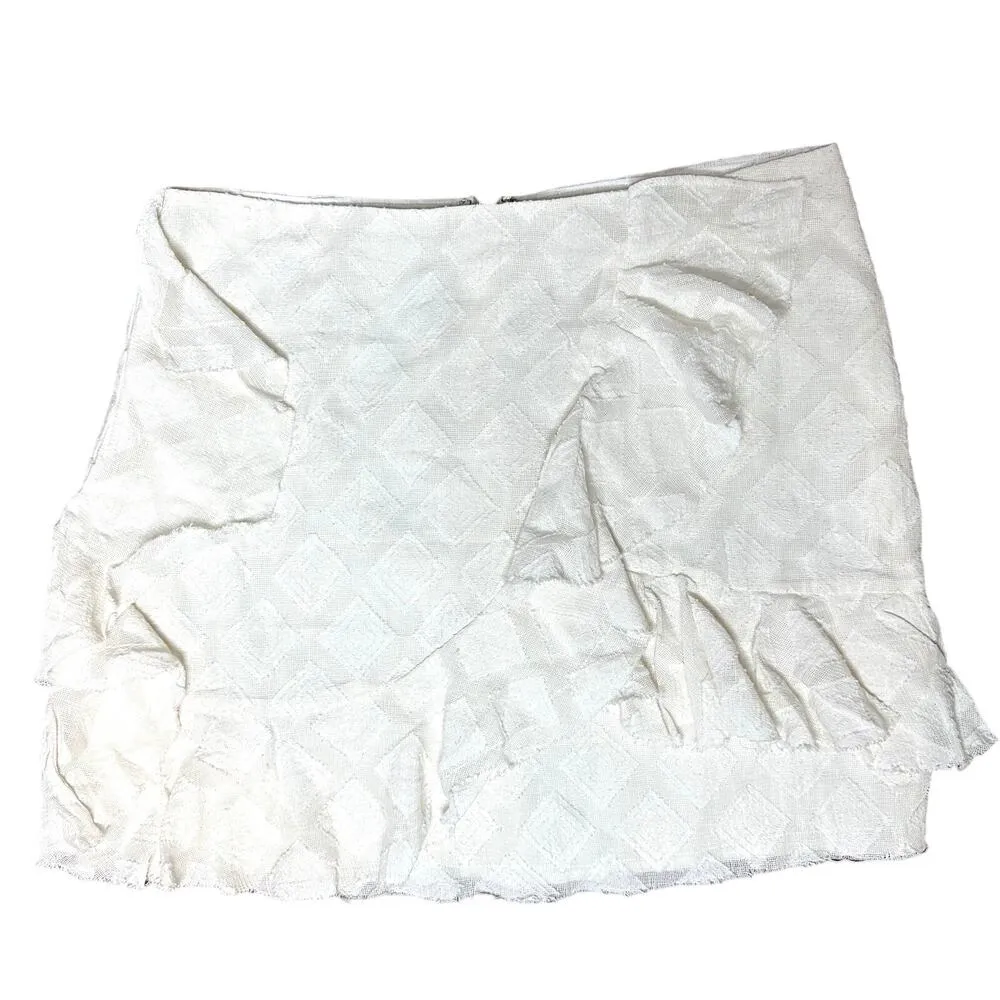 Revolve Hannah White Ivory Ruffle Faux Wrap Cotton Mini Skirt Large - Image 3