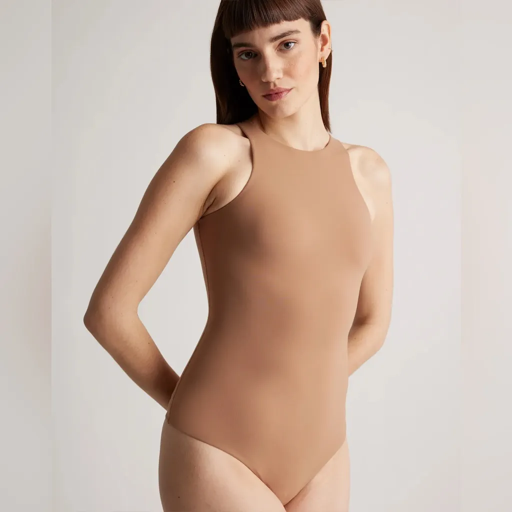 NWT Quince Second Skin High Neck Mocha Nude Bodysuit Sz M - Image 2