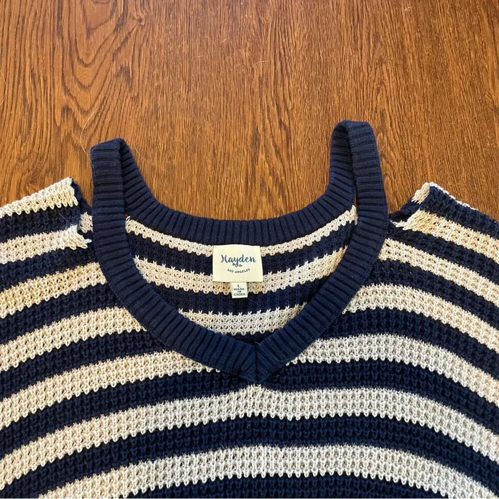 HAYDEN Navy & Gray Hi Lo Striped Long Sweater w/Cold Shoulder Detail Size L - Image 7