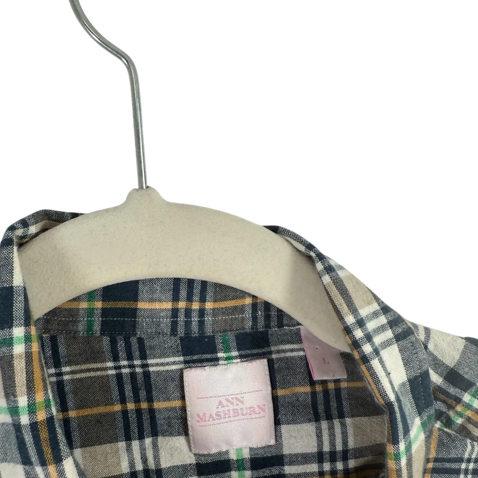 Ann Mashburn Blue Plaid Button Front Shirt Preppy Office Capsole Womens Large - Image 3