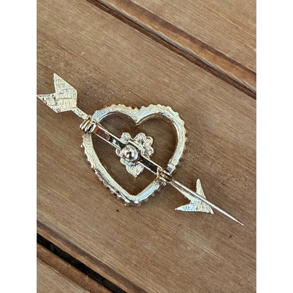 Vintage Gold Tone Pearl Heart & Arrow Brooch With Red Crystal Flower Pin In Gift - Image 3