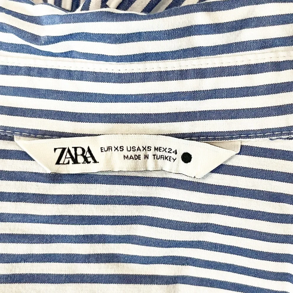 Zara Striped 3/4 Sleeve Oversized Poplin Tunic Button-Up Shirt Blue White XS - Image 2