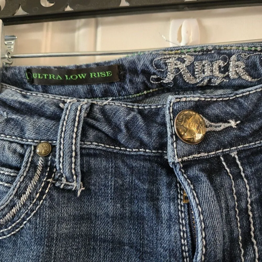 Wrangler Rock Jeans Women Size 1X34 Ultra Low Rise Bootcut Denim Distressed Y2K - Image 5